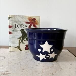 Signed Cobalt Blue Ceramic Studio Pottery Small Planter Pot Three White Stars